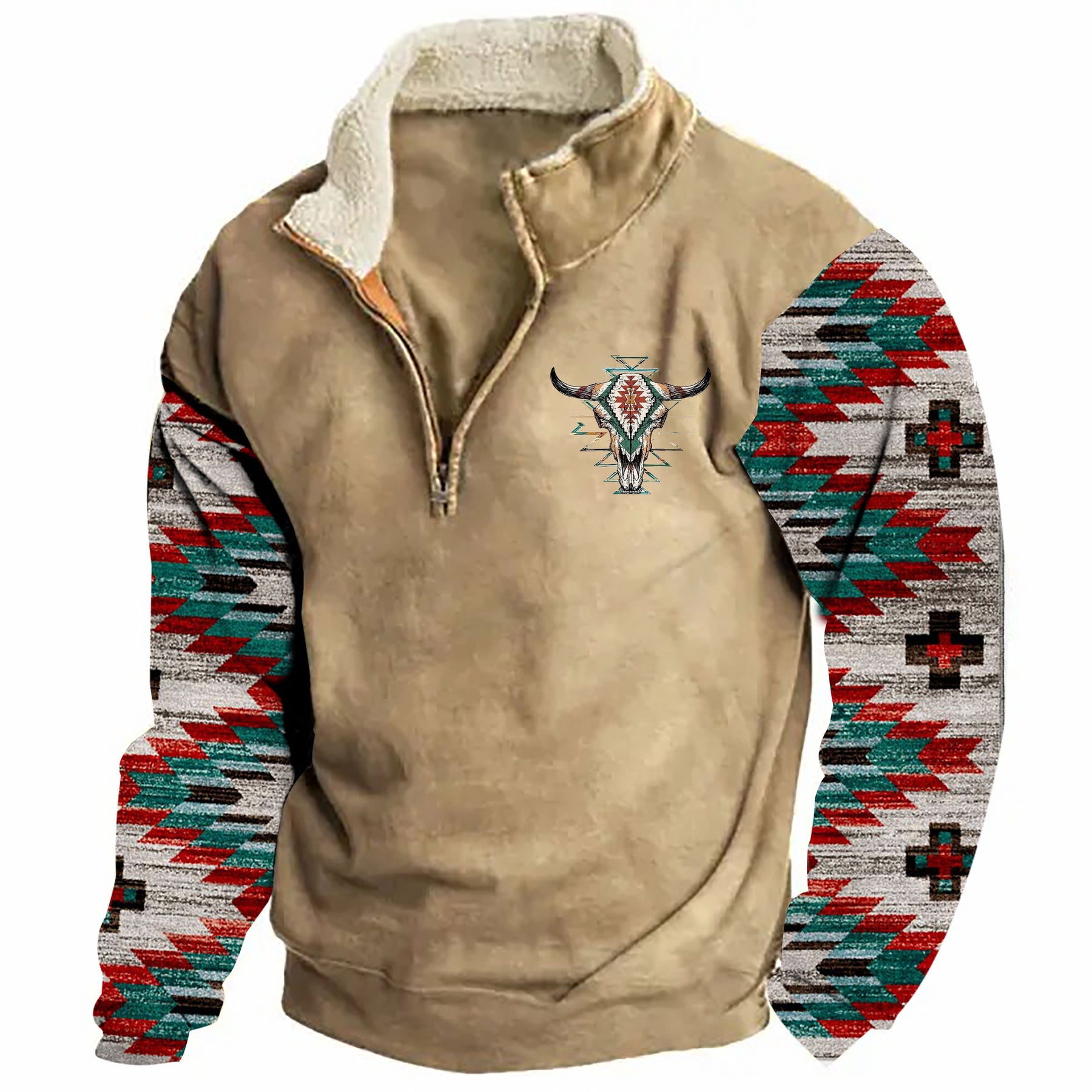 Men's Sweatshirt Retro Moose Creek Ethnic Print Plush Half Open Collar Pullover