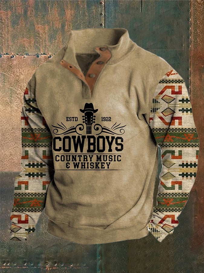 Men's Western Style Printed Stand Collar Button Sweatshirt