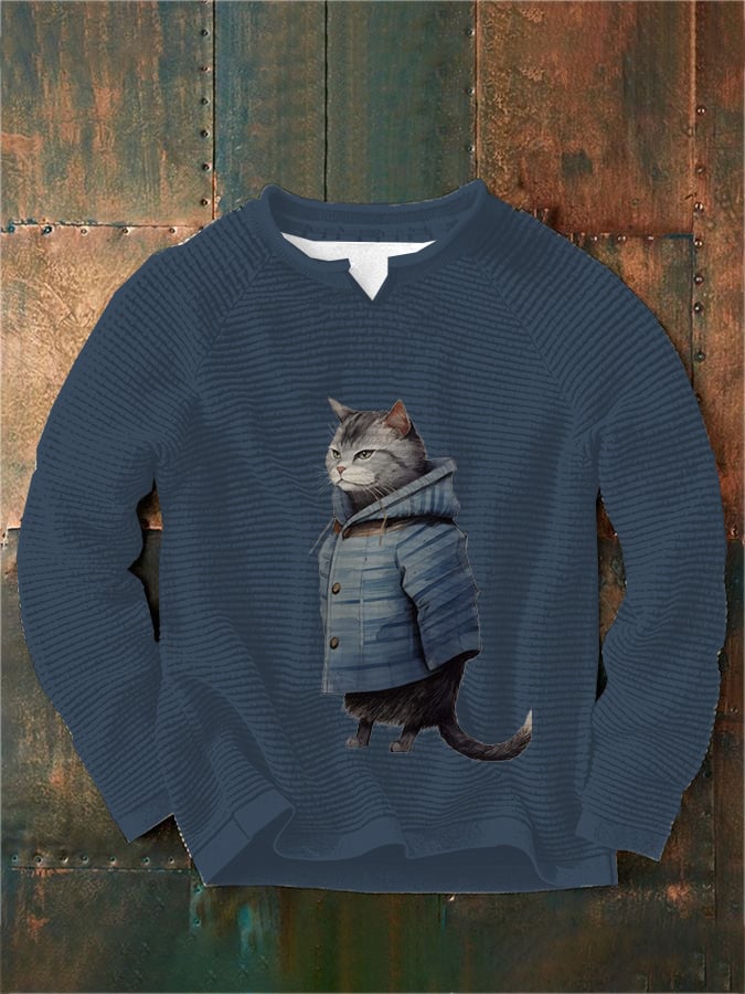 Men's Winter Art Cat Print Casual Sweatshirt