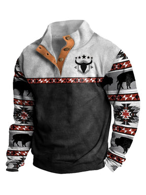 Men's Western Style Printed Stand Collar Button Sweatshirt