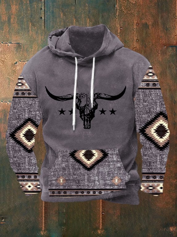 Men's Casual Western Print Long Sleeve Hooded Sweatshirt