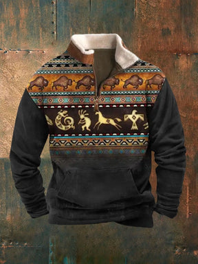 Men's Retro Ethnic Print Plush Half Open Collar Pullover