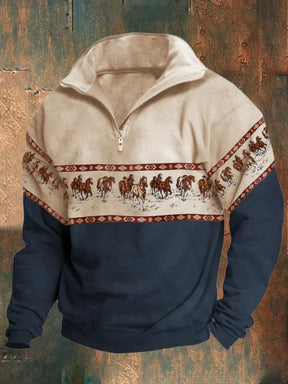 Men's Retro Western Print Lapel Long Sleeve Sweatshirt