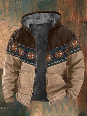 Men's Retro Western Print Velvet Zip Outerwear