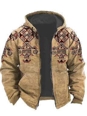 Men's Retro Western Print Velvet Zip Outerwear