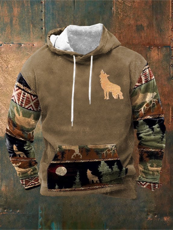 Men's Casual Western Print Long Sleeve Hooded Sweatshirt