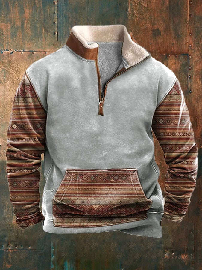 Men'S Retro Printed Long Sleeve Lapel Sweatshirt