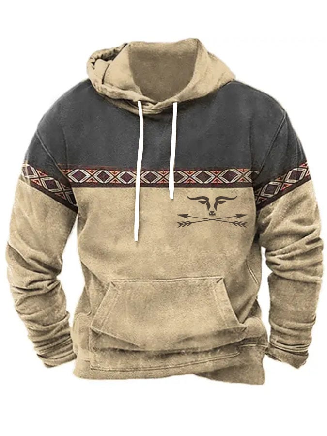 Men's Casual Western Print Long Sleeve Hooded Sweatshirt