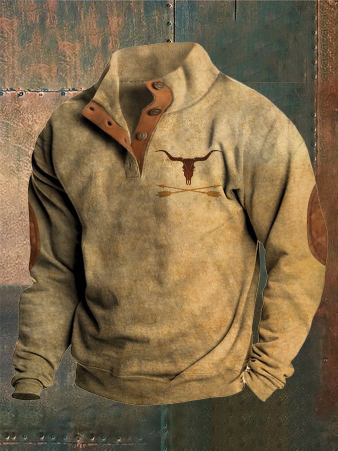 Men's Western Bull Head Print Stand Collar Button Sweatshirt