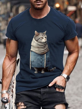 Men's Funny Winter Art Cat Print Short Sleeve T-Shirt