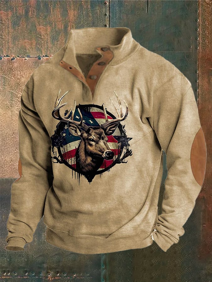 Men's Western Style Printed Stand Collar Button Sweatshirt