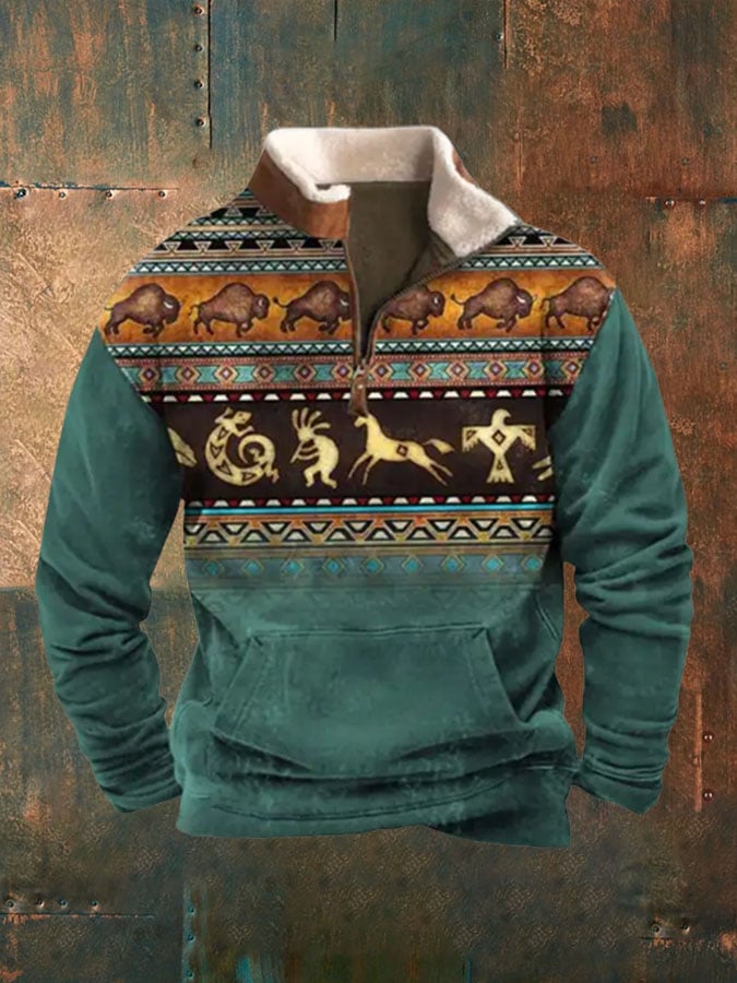 Men's Retro Ethnic Print Plush Half Open Collar Pullover