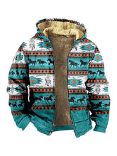 Men's Retro Horse Ethnic Print Hooded Zip Jacket