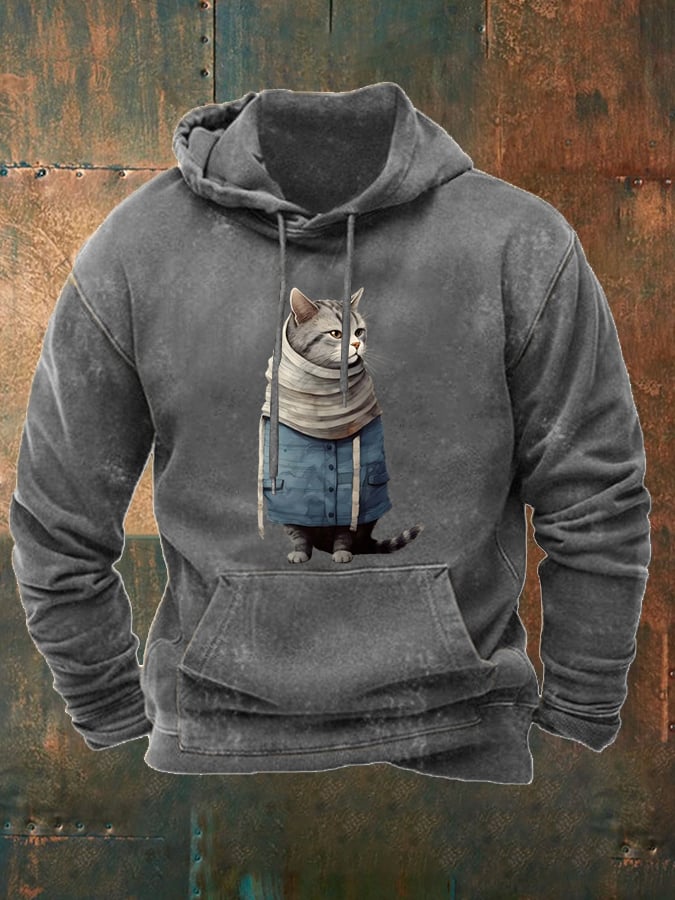 Men's Funny Winter Art Cat Print Casual Hoodie