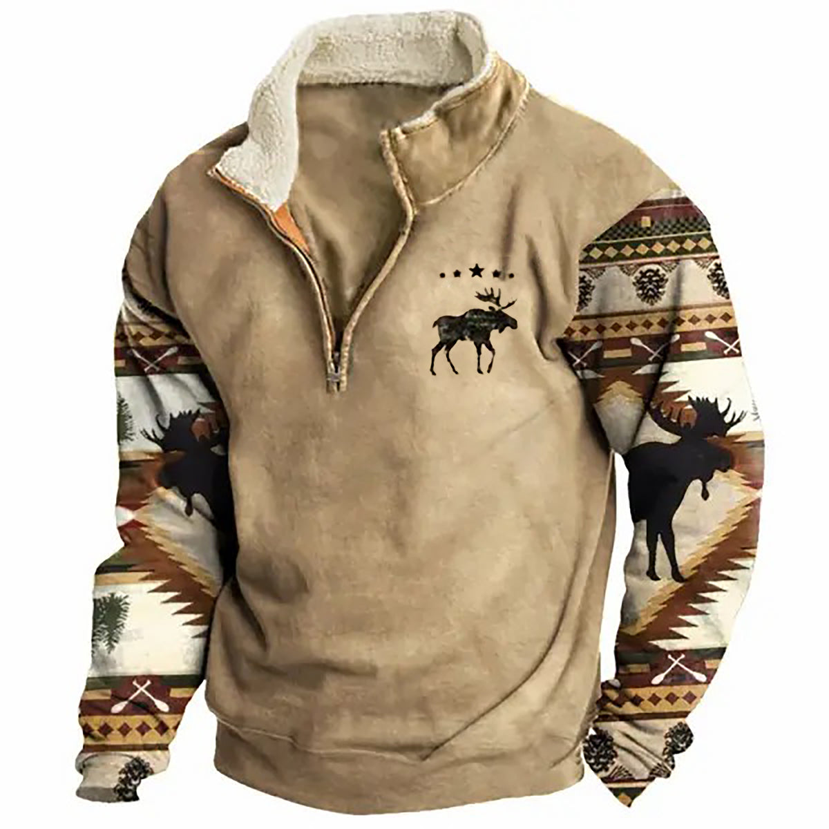 Men's Sweatshirt Retro Moose Creek Ethnic Print Plush Half Open Collar Pullover