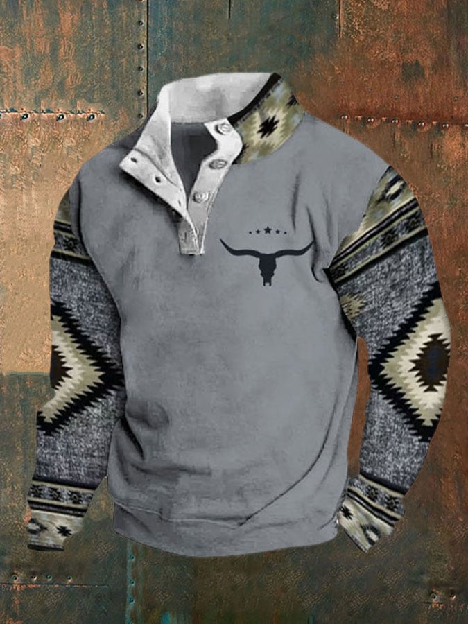 Men's Western Ethnic Print Stand Collar Pullover