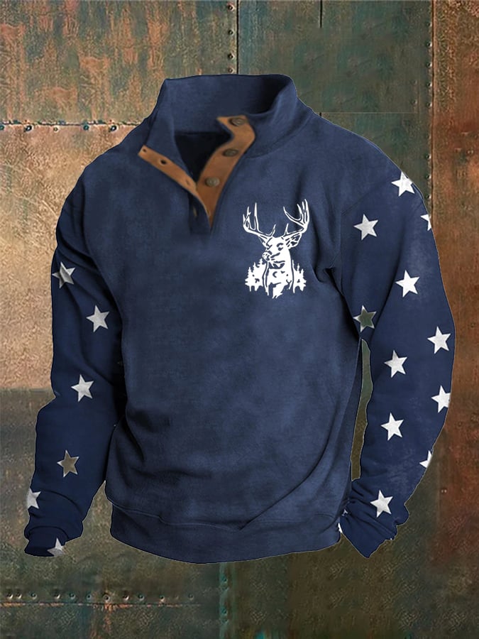 Men's Western Style Printed Stand Collar Button Sweatshirt