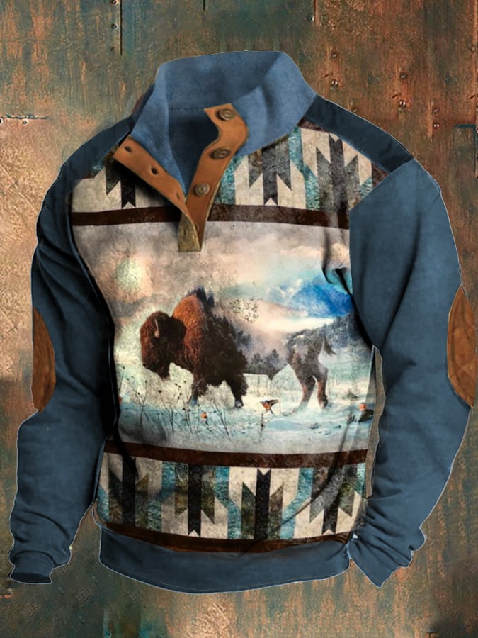 Retro Casual Men's Western Style Yak Print Sweatshirt