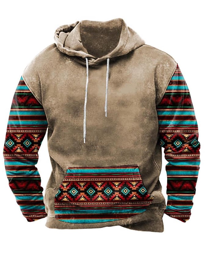 Men's Western Style Printed Loose Hooded Sweatshirt