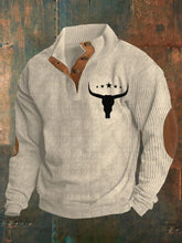 Men's Western Bull Skull Ribbed Button-Down Casual Pullover