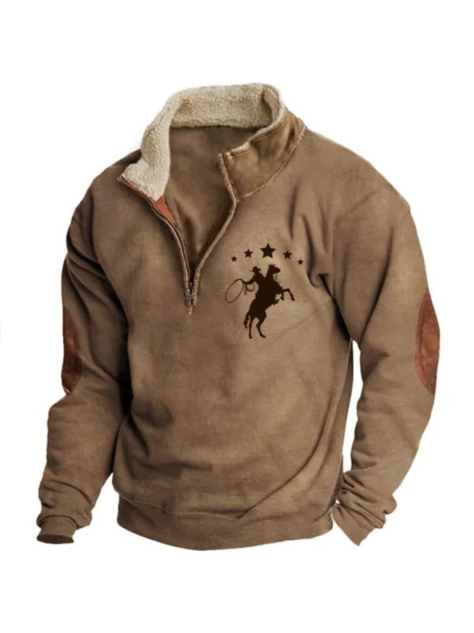 Men's Vintage Western Horse Print Zipper Stand Collar Sweatshirt