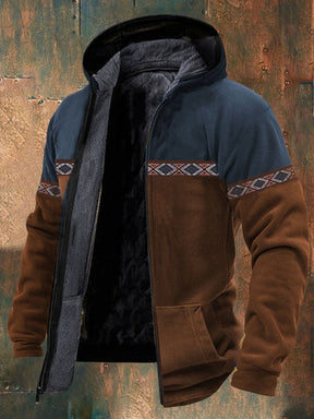 Men's Retro Western Print Velvet Zip Outerwear