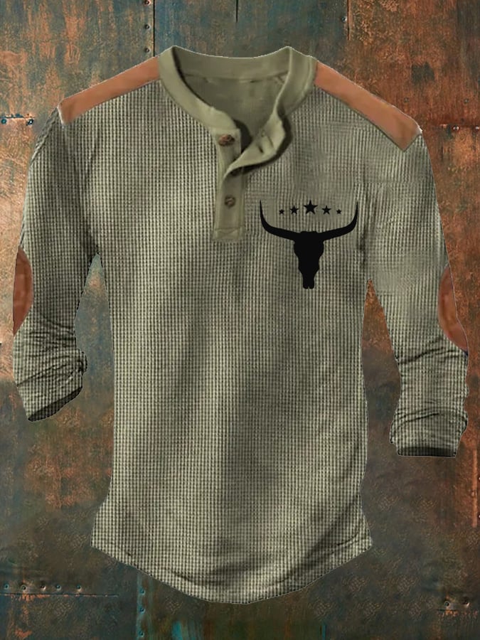 Men's Western Bull Skull Print Waffle Top