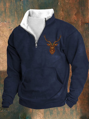 Men's Retro Western Print Zipper Collar Long Sleeve Sweatshirt