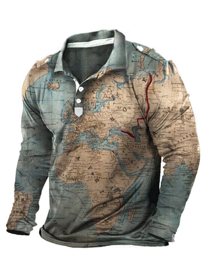 Men's Fashionable Casual Printed Long Sleeve Polo Shirt