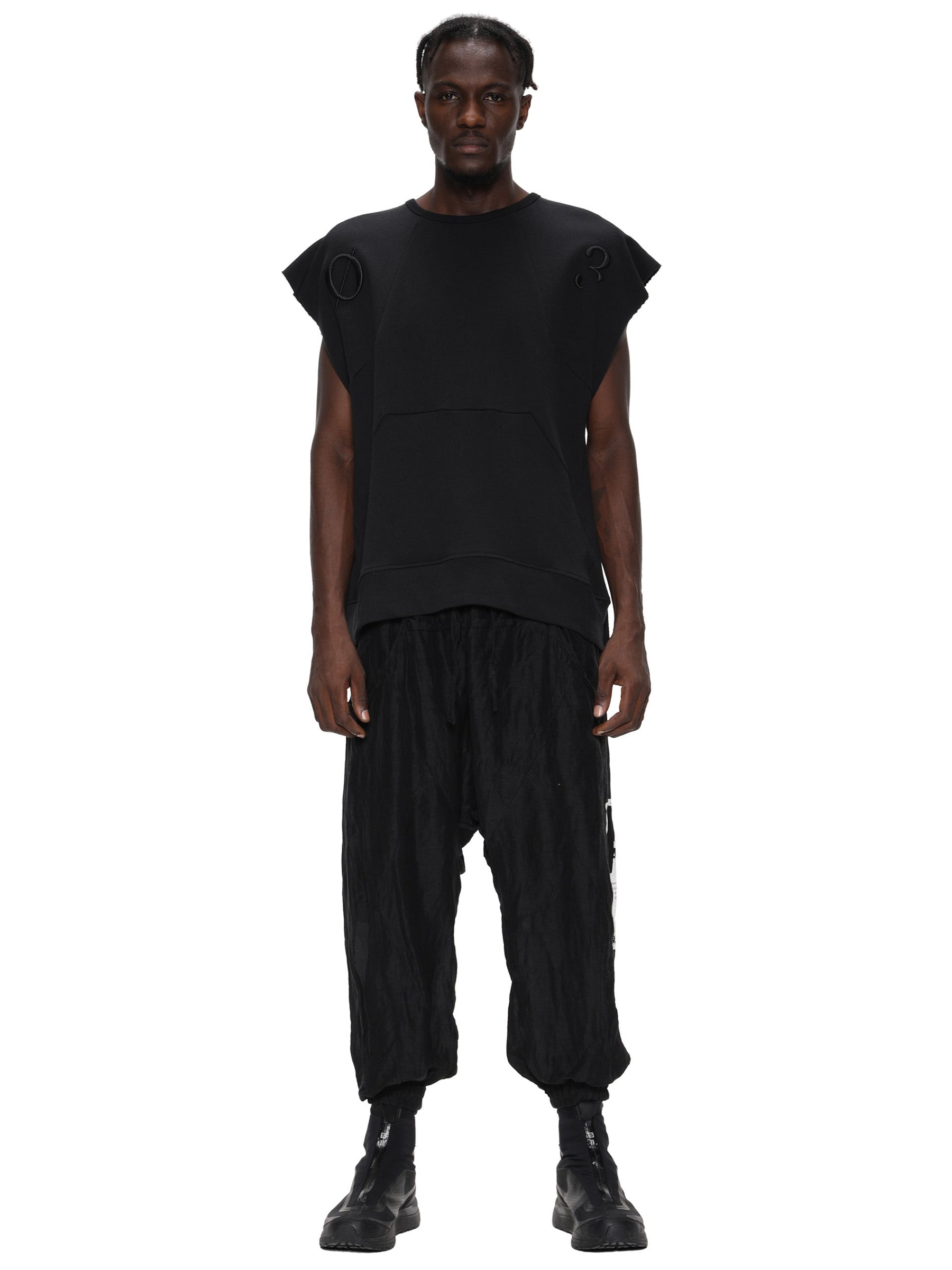 FIEND FIEND PRINTED DROP-CROTCH MESH COTTON LOUGNE PANTS / BLACK