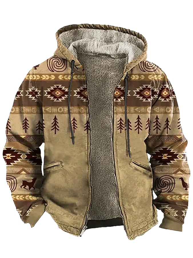 Men'S Retro Western Print Cotton Zipper Outerwear