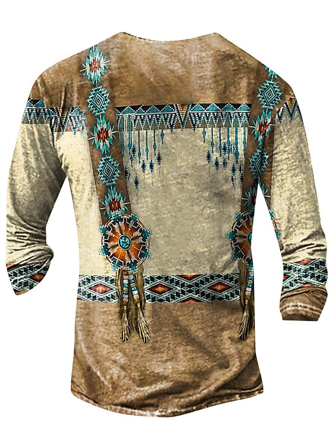 Men's Western Style V-Neck Printed Design Long Sleeve Top