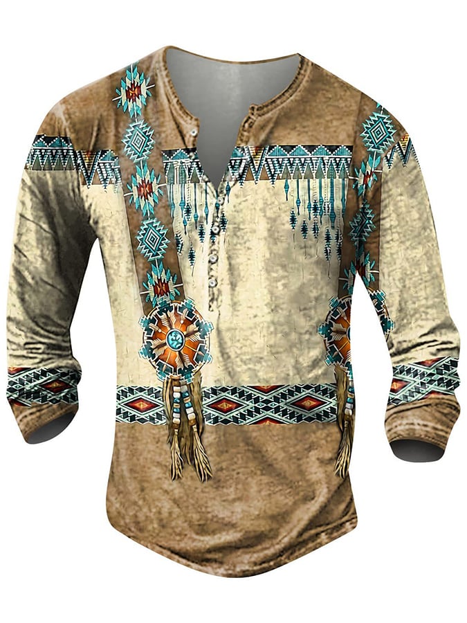 Men's Western Style V-Neck Printed Design Long Sleeve Top