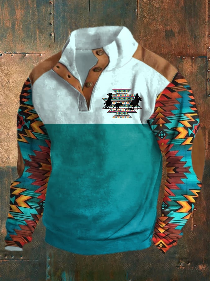 Men's Retro Western Color Block Print Long Sleeve Sweatshirt