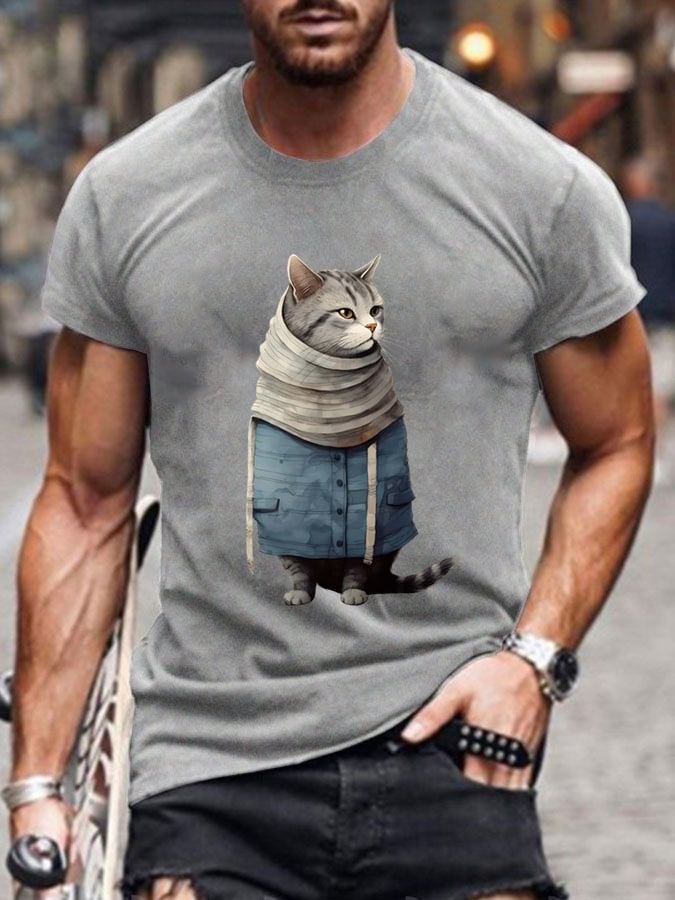 Men's Funny Winter Art Cat Print Short Sleeve T-Shirt