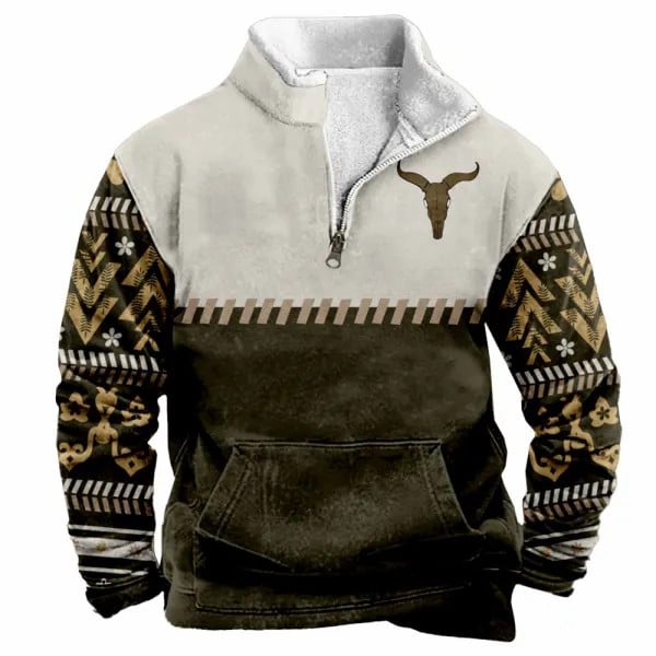 Men's Retro Western Ethnic Print Casual Pocket Zipper Stand Collar Cowboy Sweatshirt