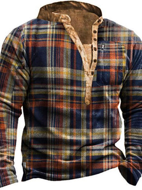 Men's Fashionable Retro Contrasting Plaid Design Warm Casual Sweatshirt