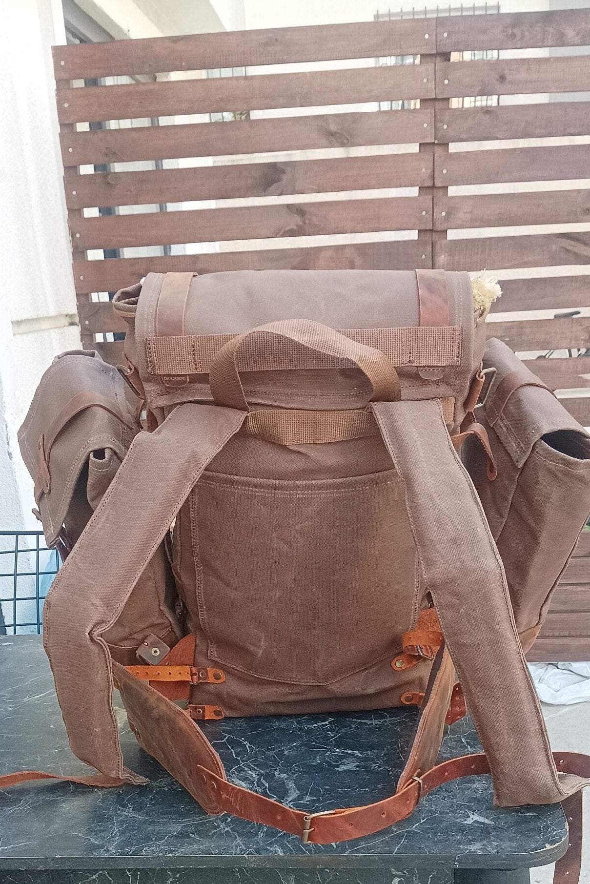 Handmade  Waxed Canvas Backpack with leather for Travel