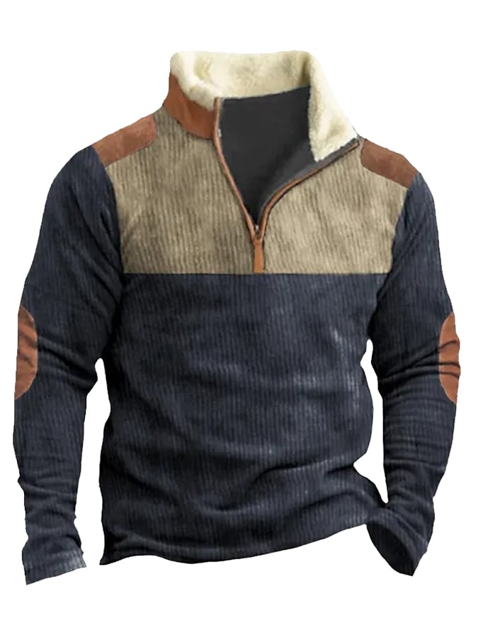 Men's Casual Colorblock Zipper Neck Waffle Pullover