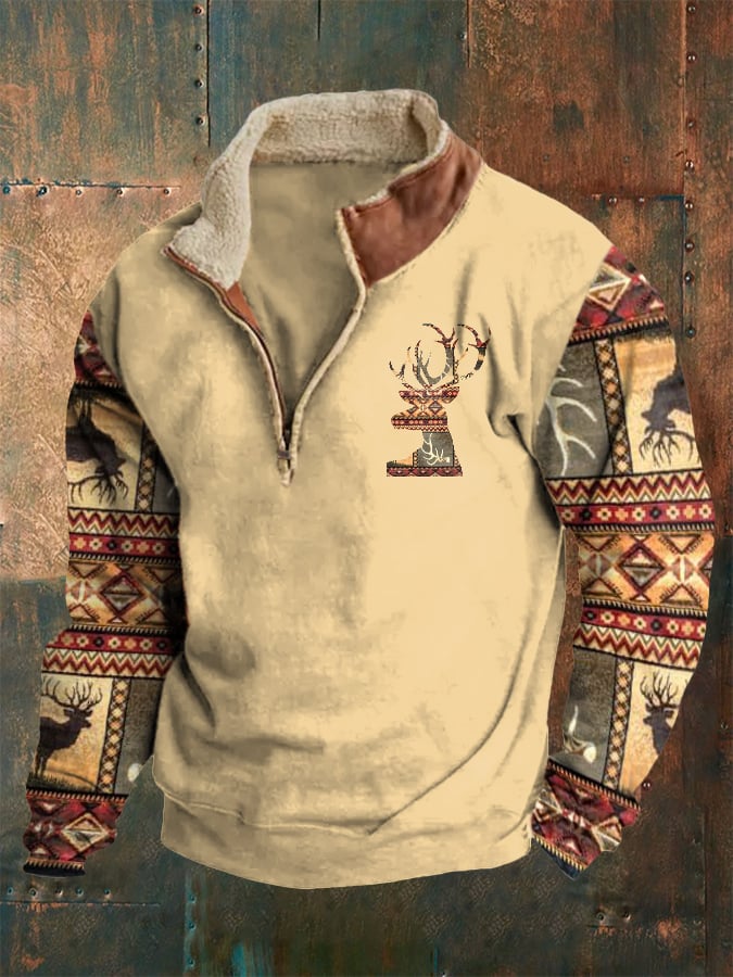 Men'S Retro Western Print Zipper Stand Collar Sweatshirt