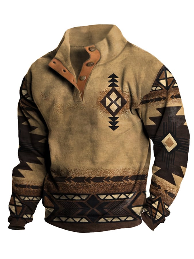 Men's Western Style Printed Stand Collar Button Sweatshirt