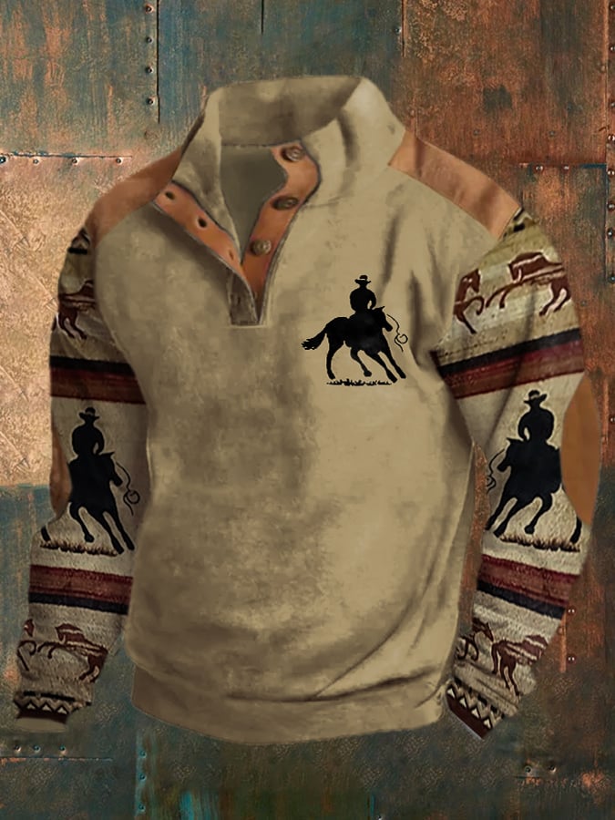 Men's Retro Western Color Block Print Long Sleeve Sweatshirt