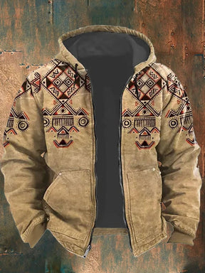 Men's Retro Western Print Velvet Zip Outerwear