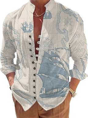 Men's Fashion Casual Button Design Printed Long Sleeve Shirt