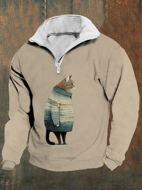 Men's Winter Cat Print Zipper Sweatshirt