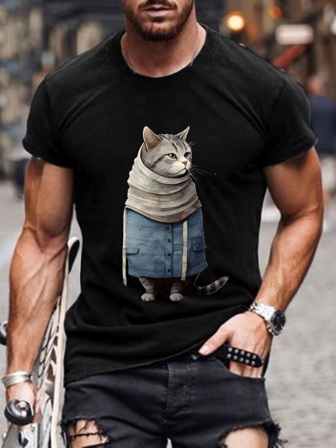 Men's Funny Winter Art Cat Print Short Sleeve T-Shirt