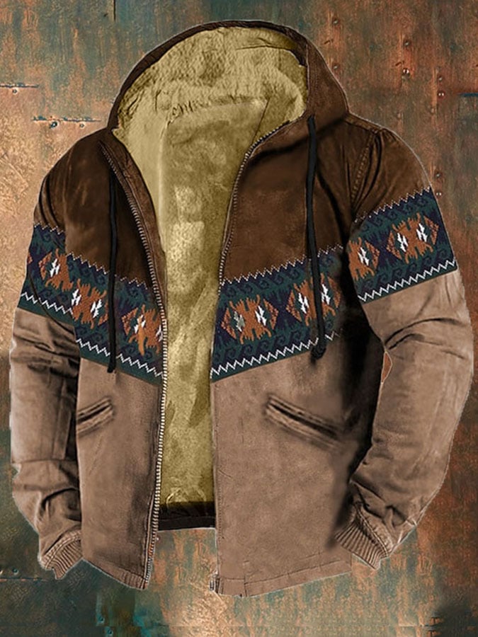 Men'S Retro Western Print Cotton Zipper Outerwear