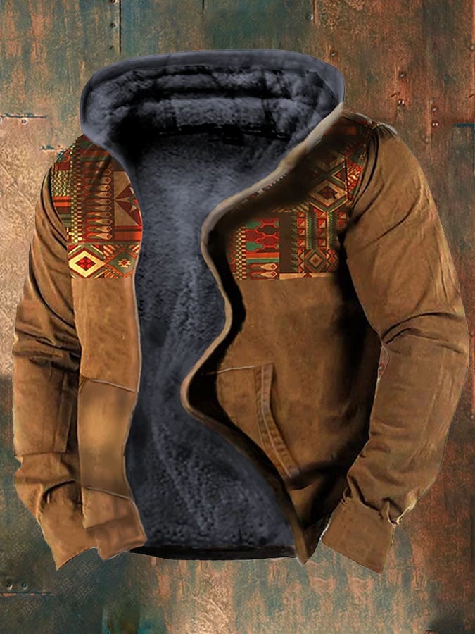 Men's Retro Western Print Velvet Zip Outerwear