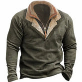 Men's Vintage Fleece Henley Zip Polo Sweatshirt Double Layer Lapel Fur Leather Collar Tactical Pullover