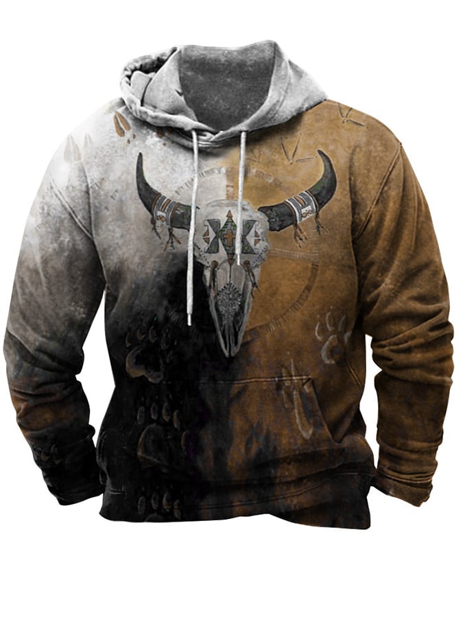 Men's Western Style Printed Loose Hooded Sweatshirt